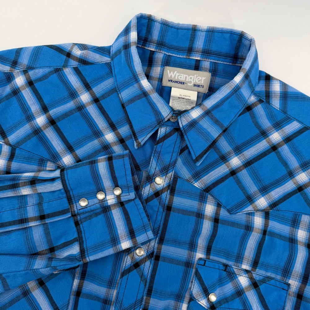 Wrangler Wrancher Western Shirt Mens XL Blue Plaid Pearl Snap MTW1254